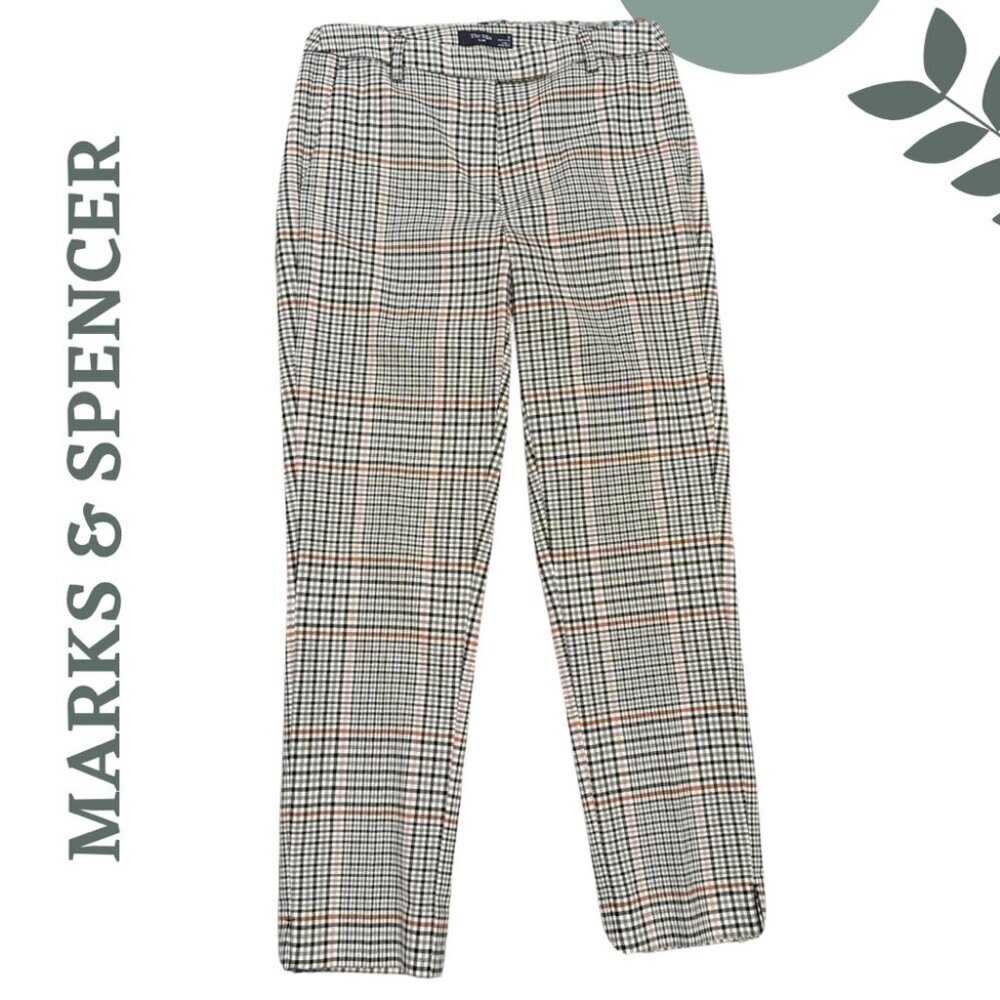 Marks & Spencer “The Mia” Slim Plaid Dress Pants Black Cream Pink Brown Size 6